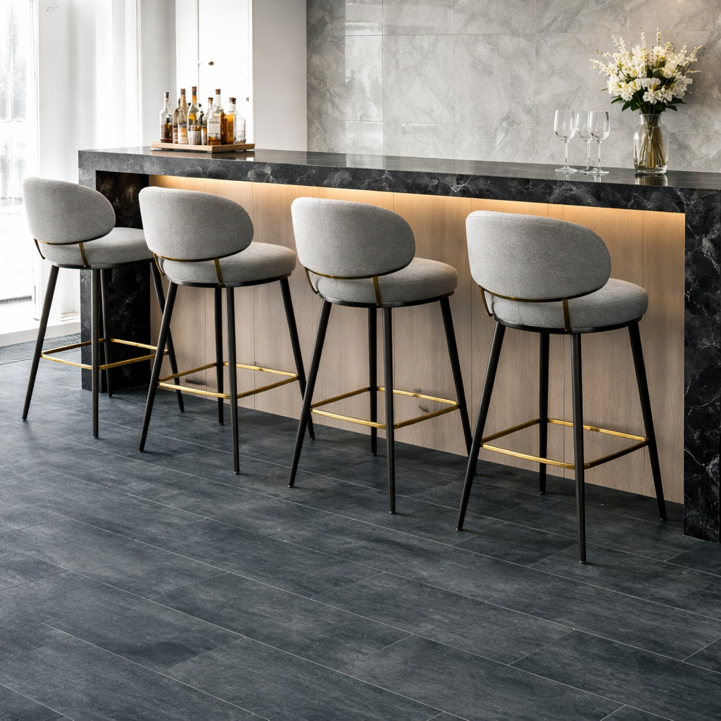 Luxury home bar with dark stone effect vinyl flooring, modern bar counter and high-end upholstered bar stools in a contemporary interior