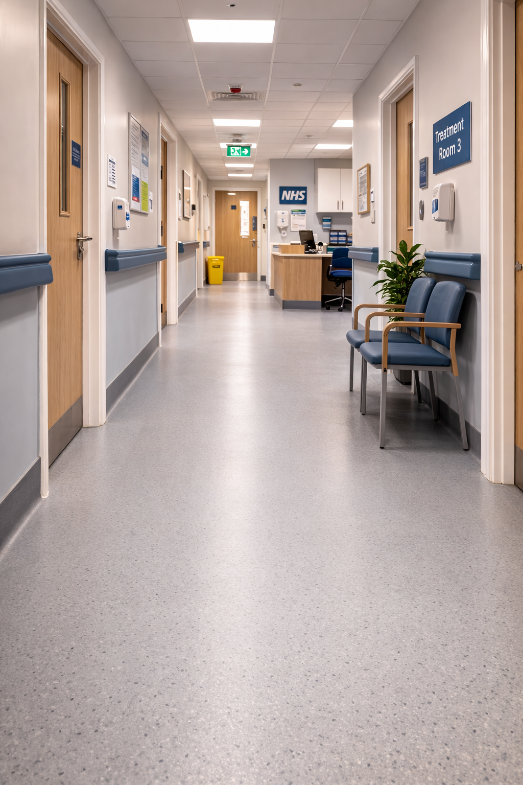 Safety vinyl flooring installed in a modern UK hospital corridor with handrails and clinical doors