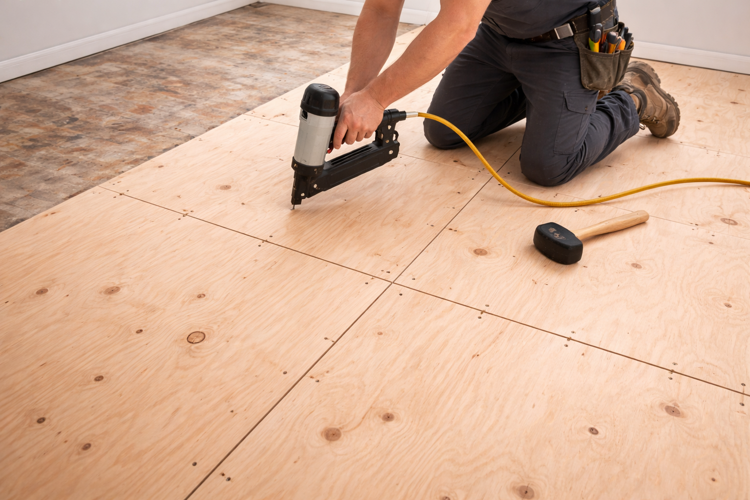 Flooring installer fixing plywood sheets to a subfloor as preparation for carpet or flooring installation.