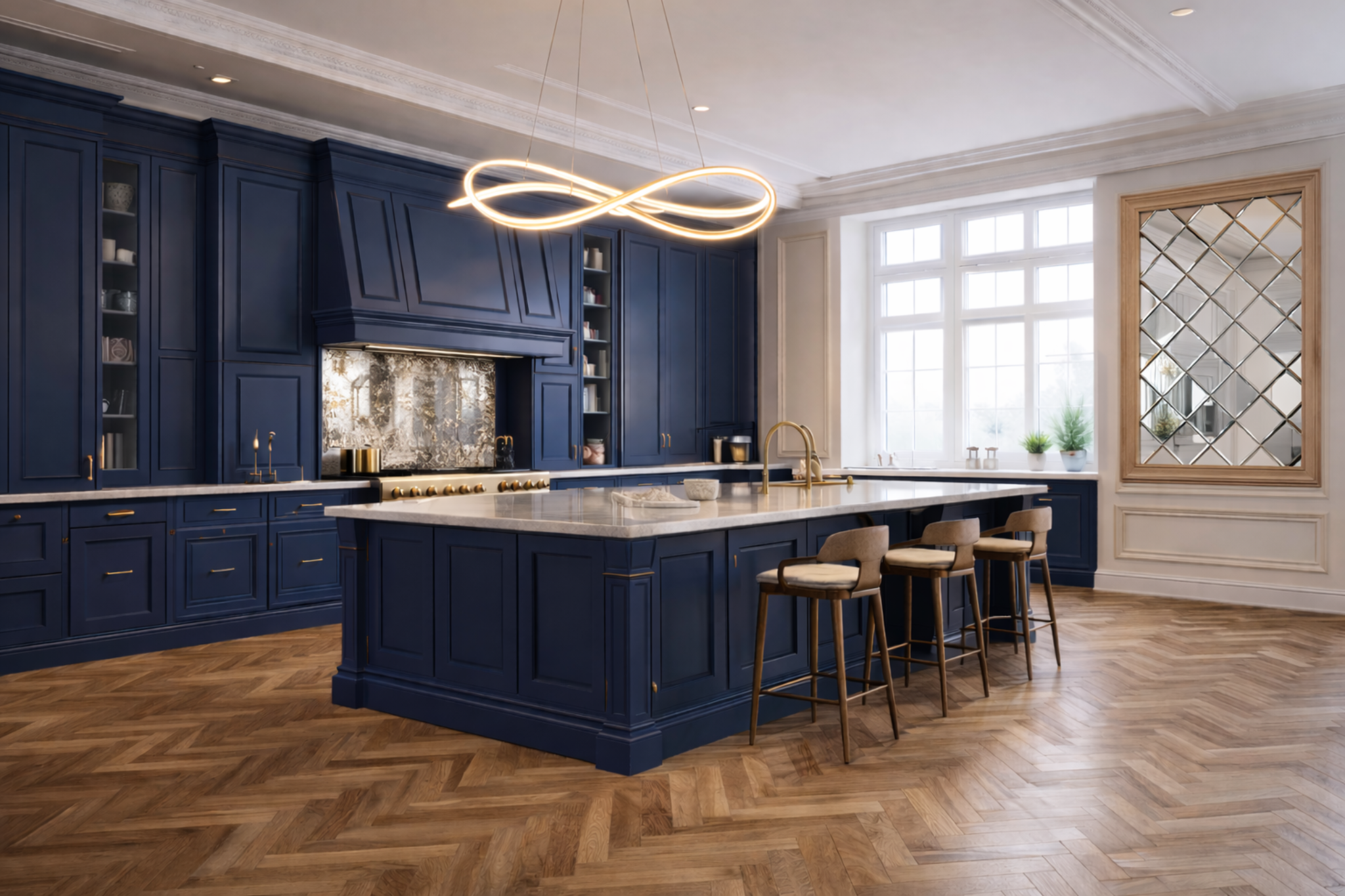 Luxury engineered wood herringbone flooring in a high-end blue kitchen with gold accents, statement LED spiral ceiling light and mirrored feature wall.