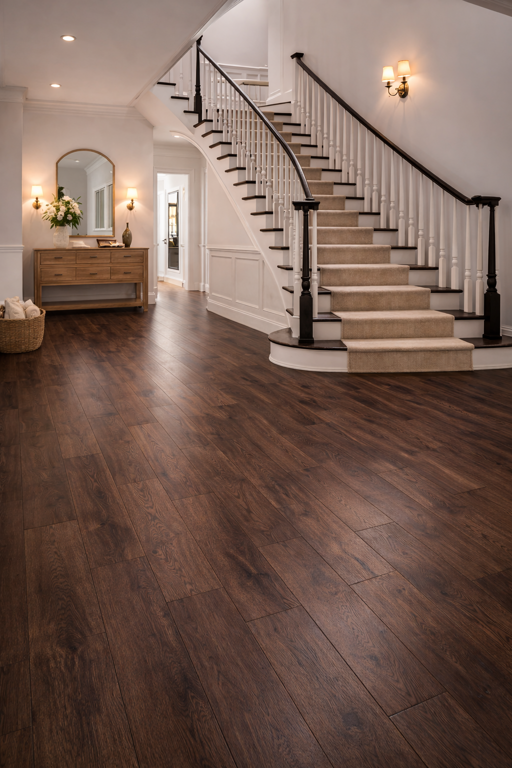 Dark laminate flooring fitted in a grand hallway with sweeping staircase and traditional interior in Surbiton, Surrey.