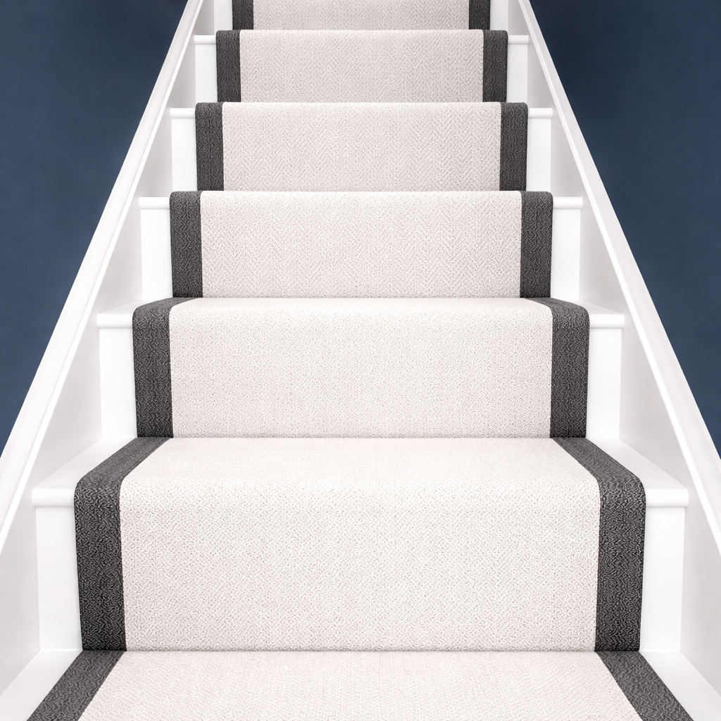 Bespoke stair runner with contrasting edge whipping for a high-end staircase finish