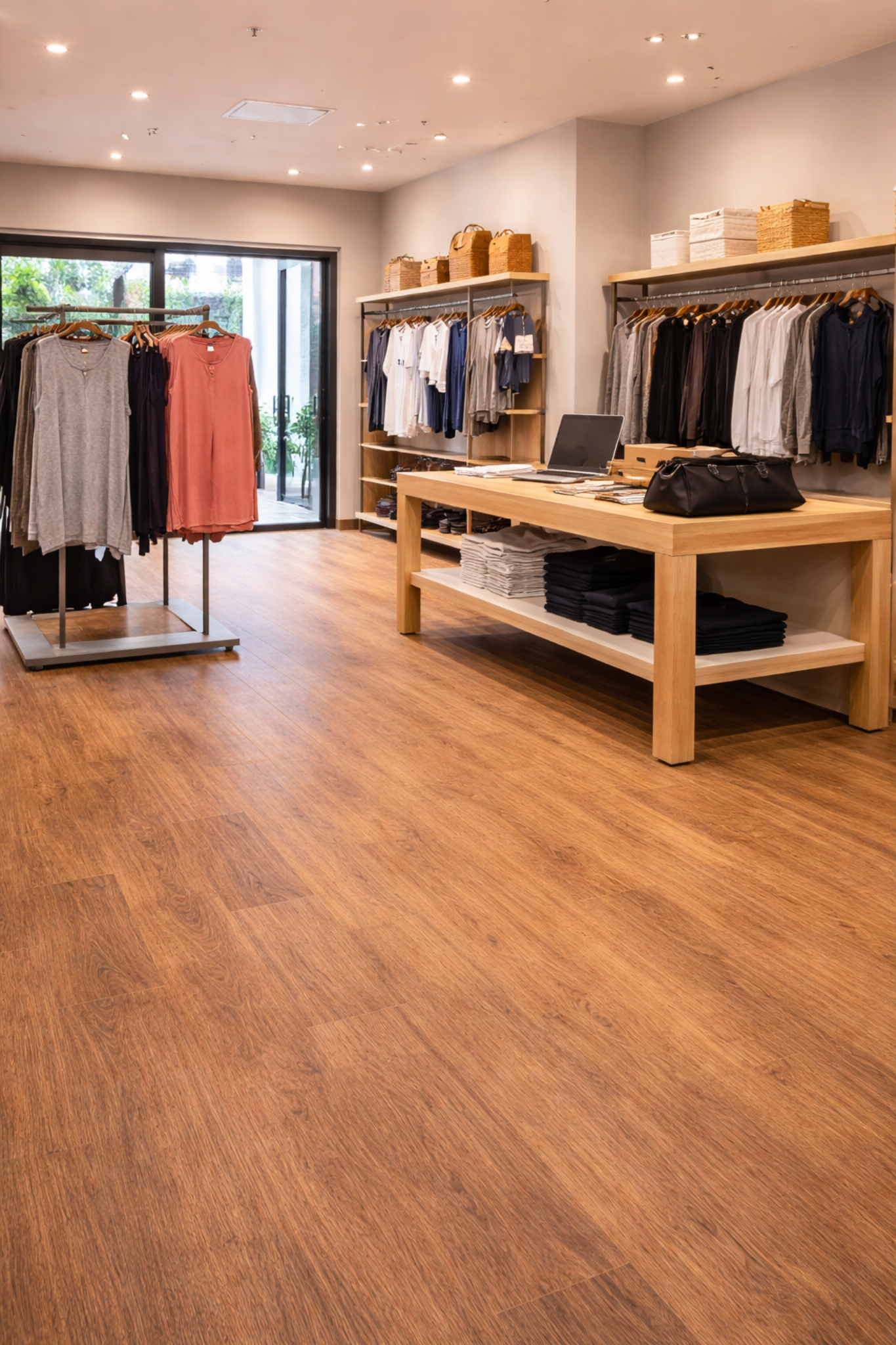 Wood-effect luxury vinyl tile (LVT) flooring installed in a modern retail clothing shop, providing a durable, easy-to-clean and stylish commercial flooring solution for high foot traffic environments in Surrey and South West London