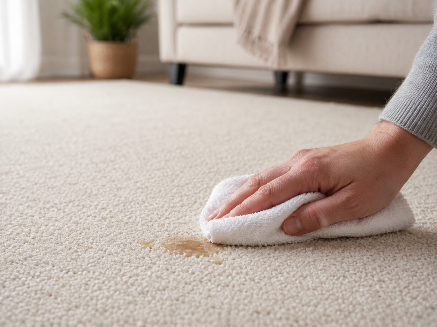 Cleaning a spill from a fitted carpet with a cloth