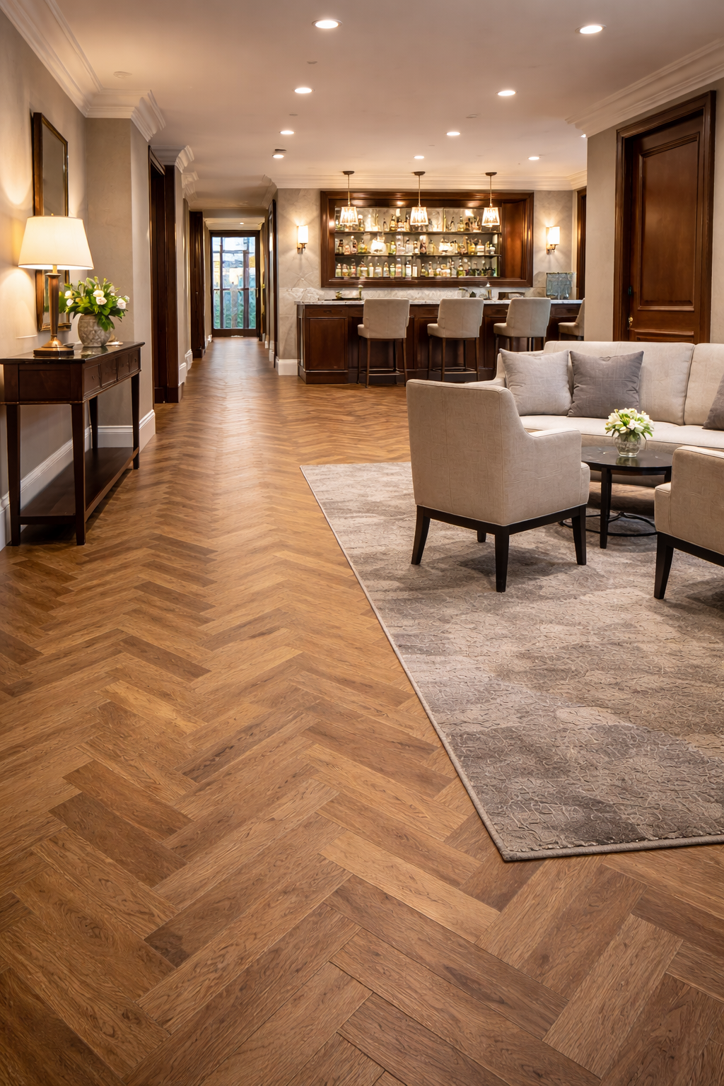 Hospitality lounge with herringbone luxury vinyl tile flooring and seating area in modern hotel interior.