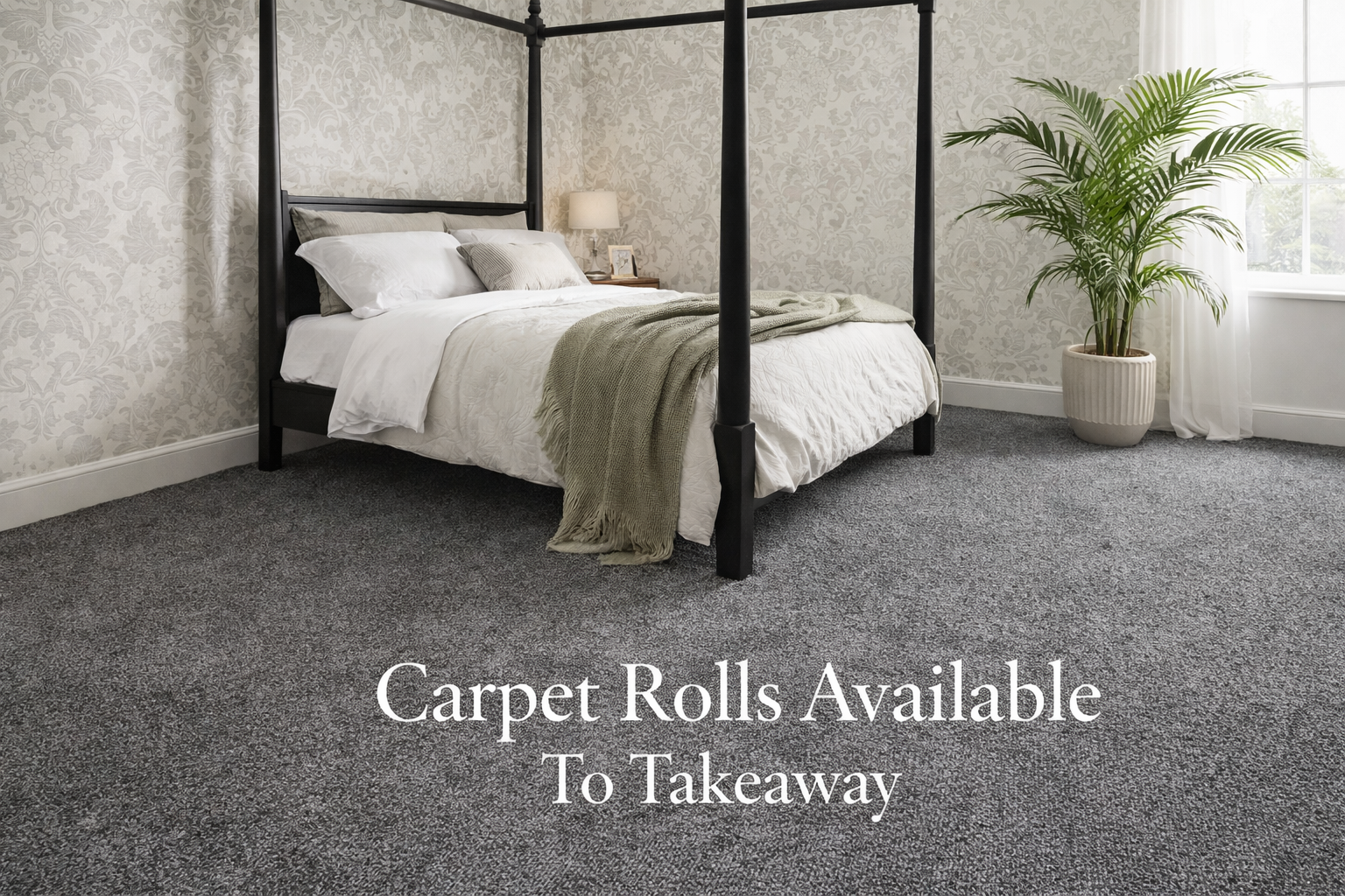 Carpet remnants and rolls available to take away, shown in a bedroom with four-poster bed, flock wallpaper and indoor palm, highlighting in-stock carpet options.