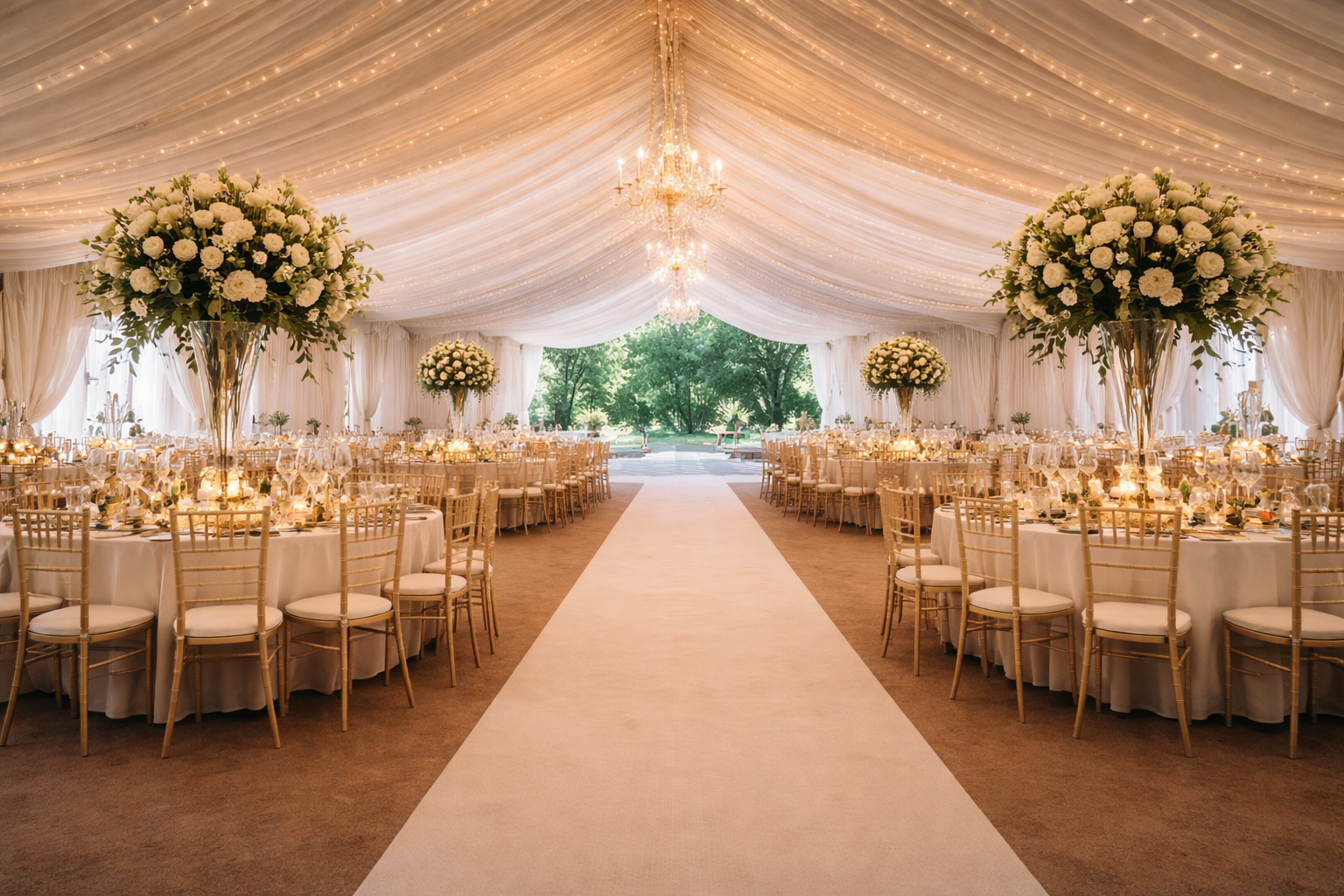 luxury marquee event flooring installation with carpet aisle and seating Surrey South West London
