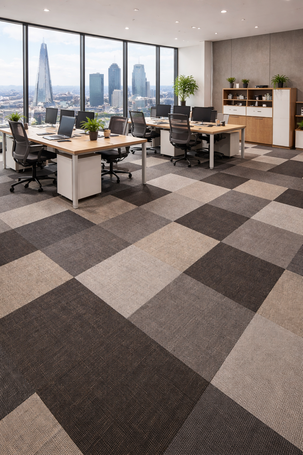 Modern London office with large windows overlooking the skyline, featuring carpet tile flooring in the foreground, shared desks and neutral interior finishes.