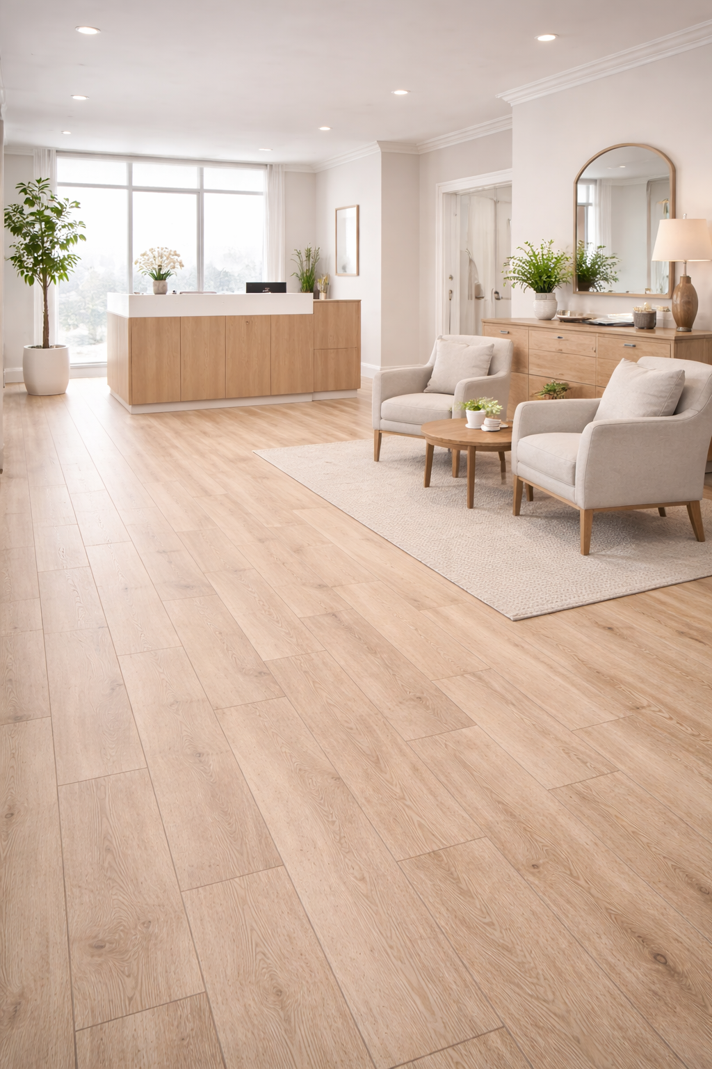Light wood-effect laminate flooring fitted in a modern reception area with seating and front desk in Surbiton, Surrey.