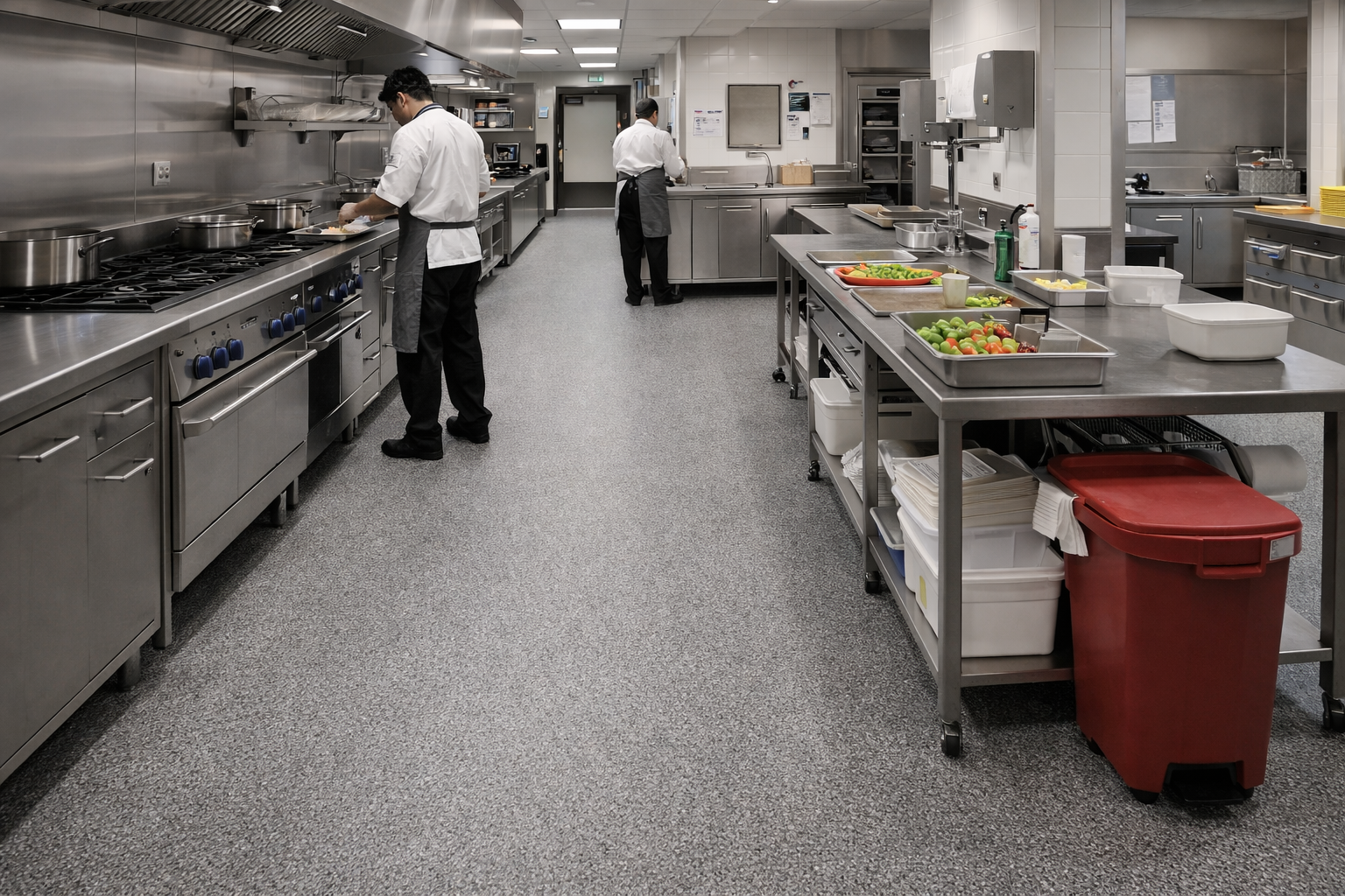 Commercial kitchen with slip-resistant safety vinyl flooring installation in Surrey, hygienic and durable flooring for staff and food preparation areas