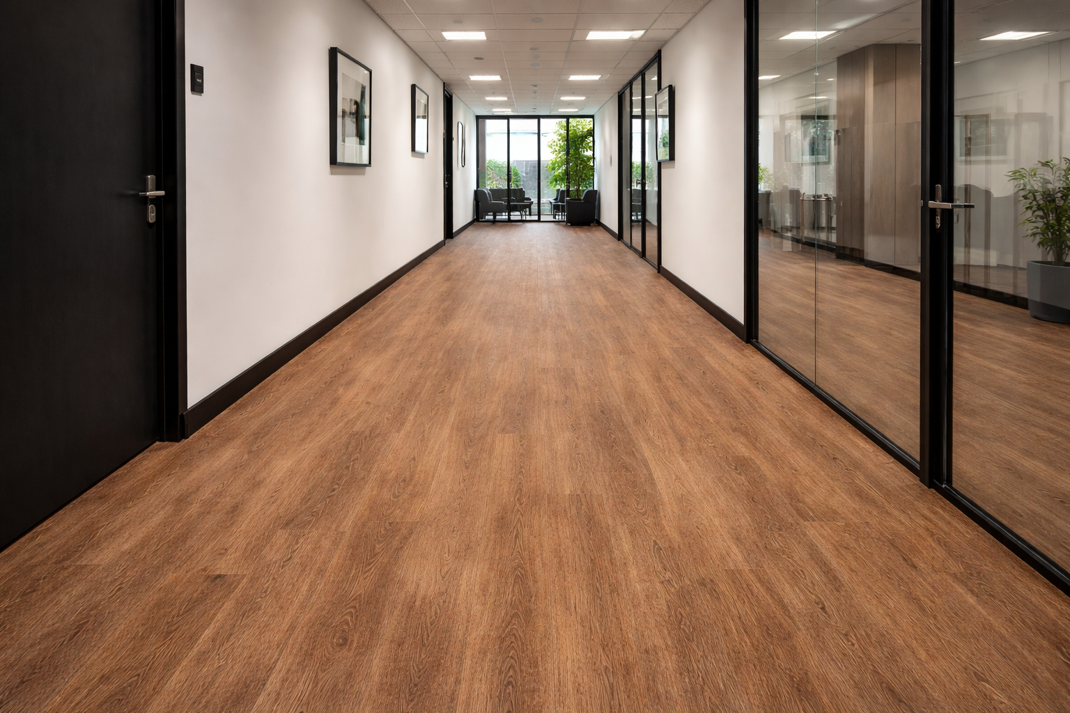 Commercial corridor with luxury vinyl plank flooring installation in Surrey, durable wood effect flooring for high traffic communal areas
