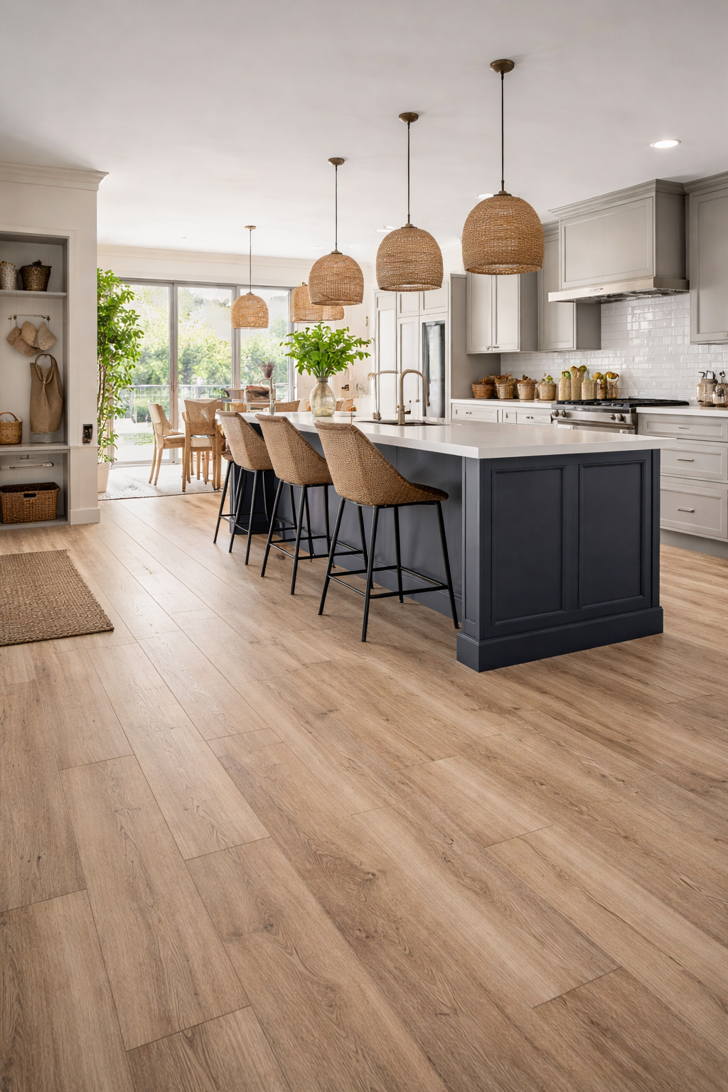 High-end heavy-use laminate flooring fitted in a modern kitchen with island seating and natural light in Surbiton, Surrey.