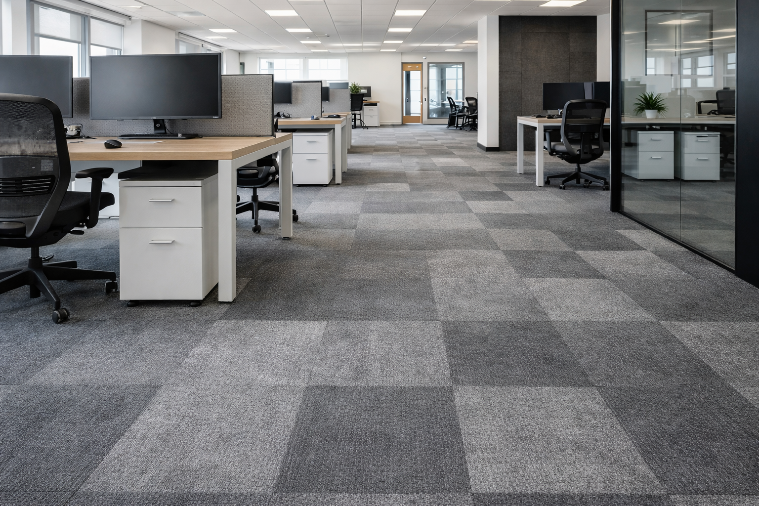 Open plan office with commercial carpet tile flooring installation in Surrey, featuring durable acoustic flooring in a modern workspace environment