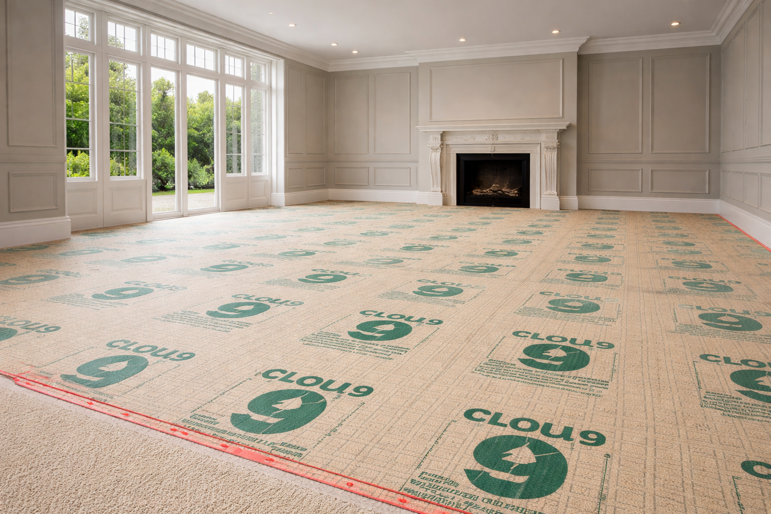 Luxury living room with Cloud 9 underlay installed, panelled grey walls, high ceilings and fireplace, Surbiton carpet fitting project
