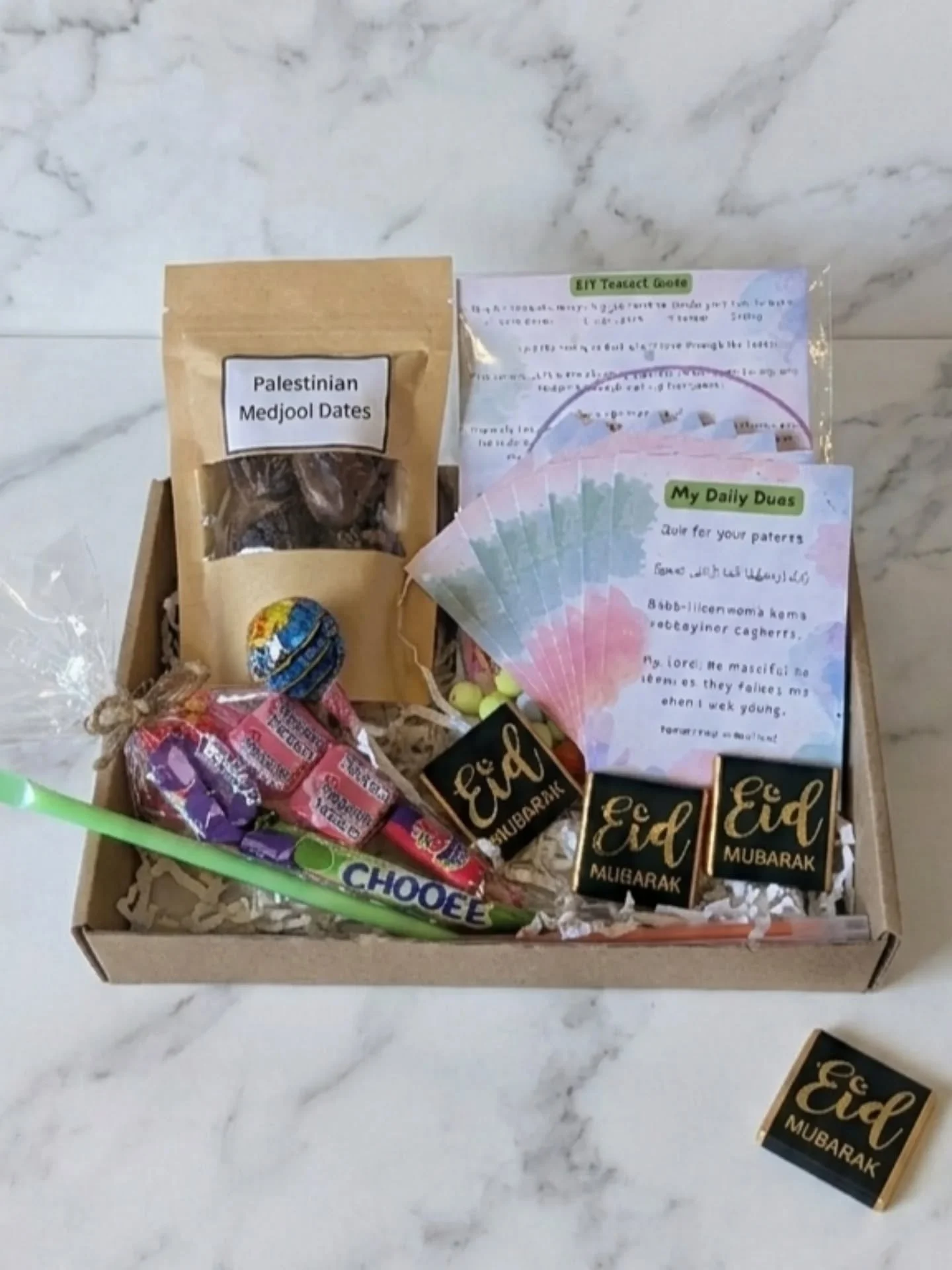 Celebrate Eid with joy. This curated gift box was carefully chosen by our 8 year old to include things he said he would love to have received on Eid. Ideal for children 5+. 

What&rsquo;s inside: 
⭐ DIY Tasbeeh making Kit 
⭐ 8 &ldquo;My Daily Duas&rd