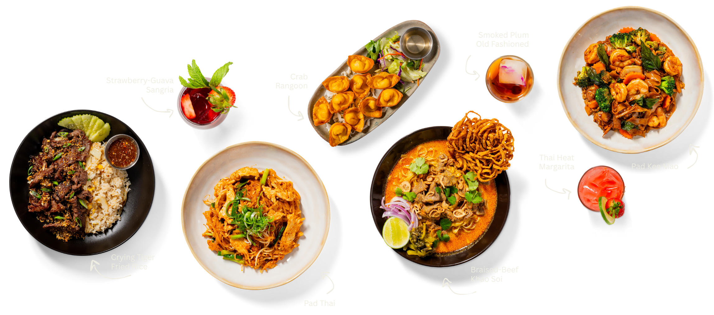 A spread of Thai dishes including crying tiger fried rice, pad thai, braised khao, and pad kee mao, with drinks and dessert.
