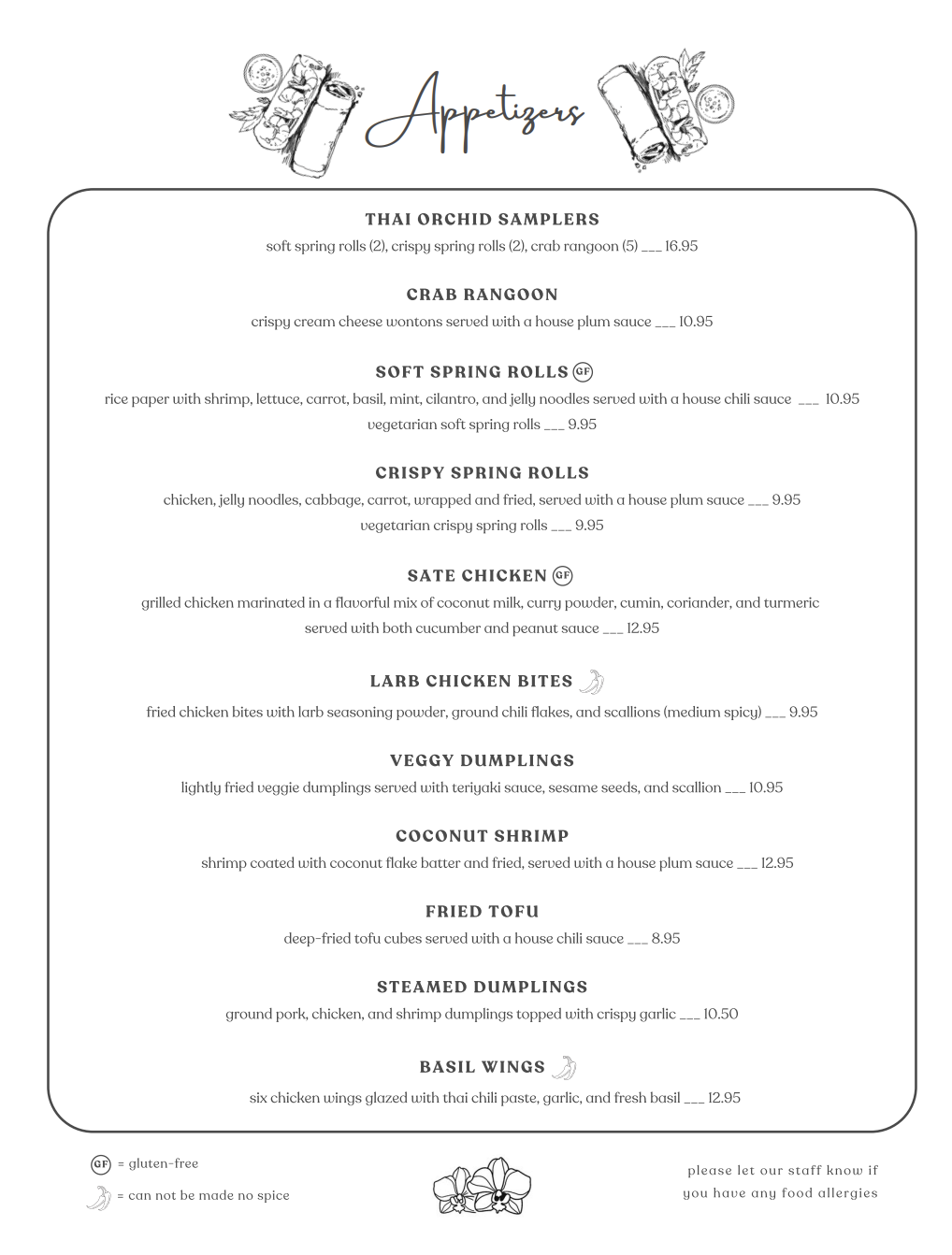 Menu titled 'Appetizers' with illustrated Thai spring rolls and floral decoration at the top; list of appetizer options with descriptions and prices.