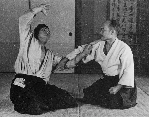 Two martial artists practicing a move in traditional uniforms on a tatami mat, with Japanese calligraphy in the background.