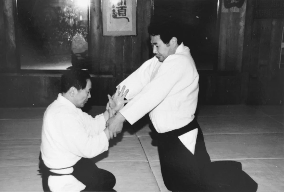 Two martial artists practicing a technique in a dojo. One is standing and pulling the other's hands, who is kneeling. Both are wearing traditional martial arts uniforms.