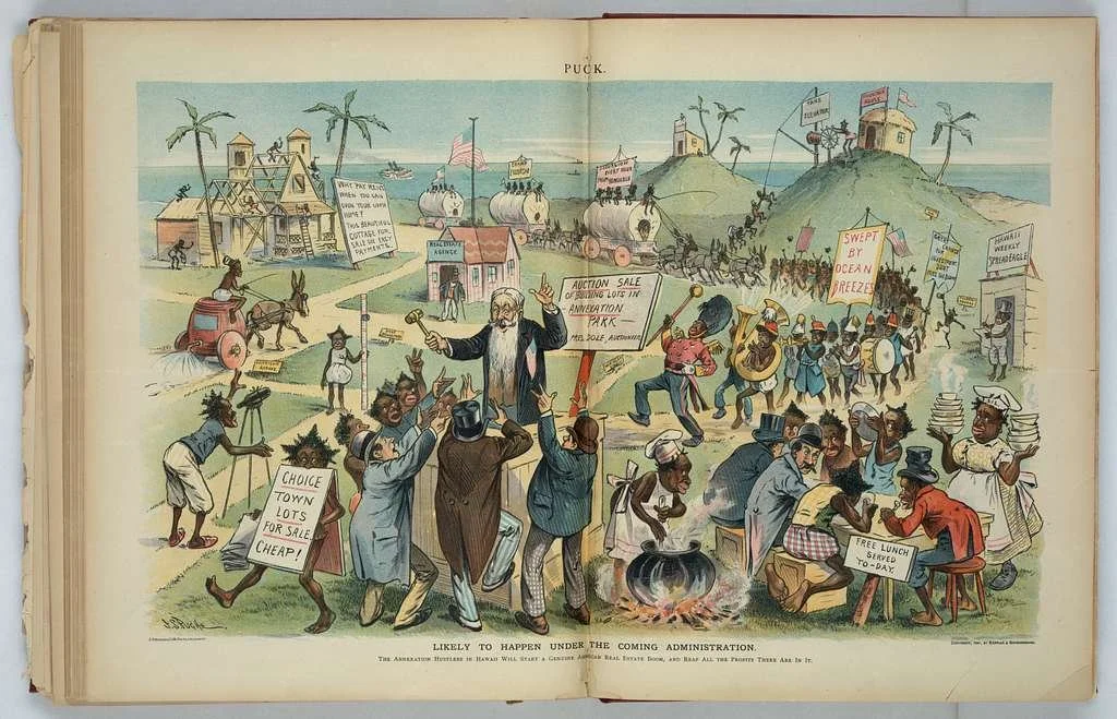 An 1896 satirical political cartoon from Puck magazine by J. S. Pughe depicting Sanford B. Dole auctioning off Hawaiian land to eager American speculators in an exaggerated, caricatured real estate boom.