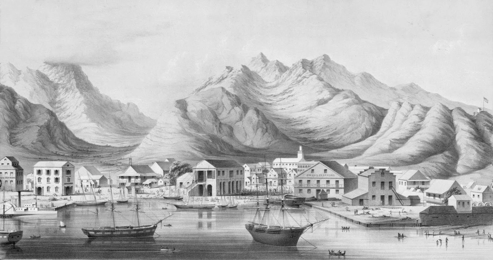 Black-and-white 1854 lithograph of Honolulu Harbor by Paul Emmert, depicting sailing ships and canoes in the foreground waters, and Punchbowl Crater with the Koʻolau Mountains rising behind the town.