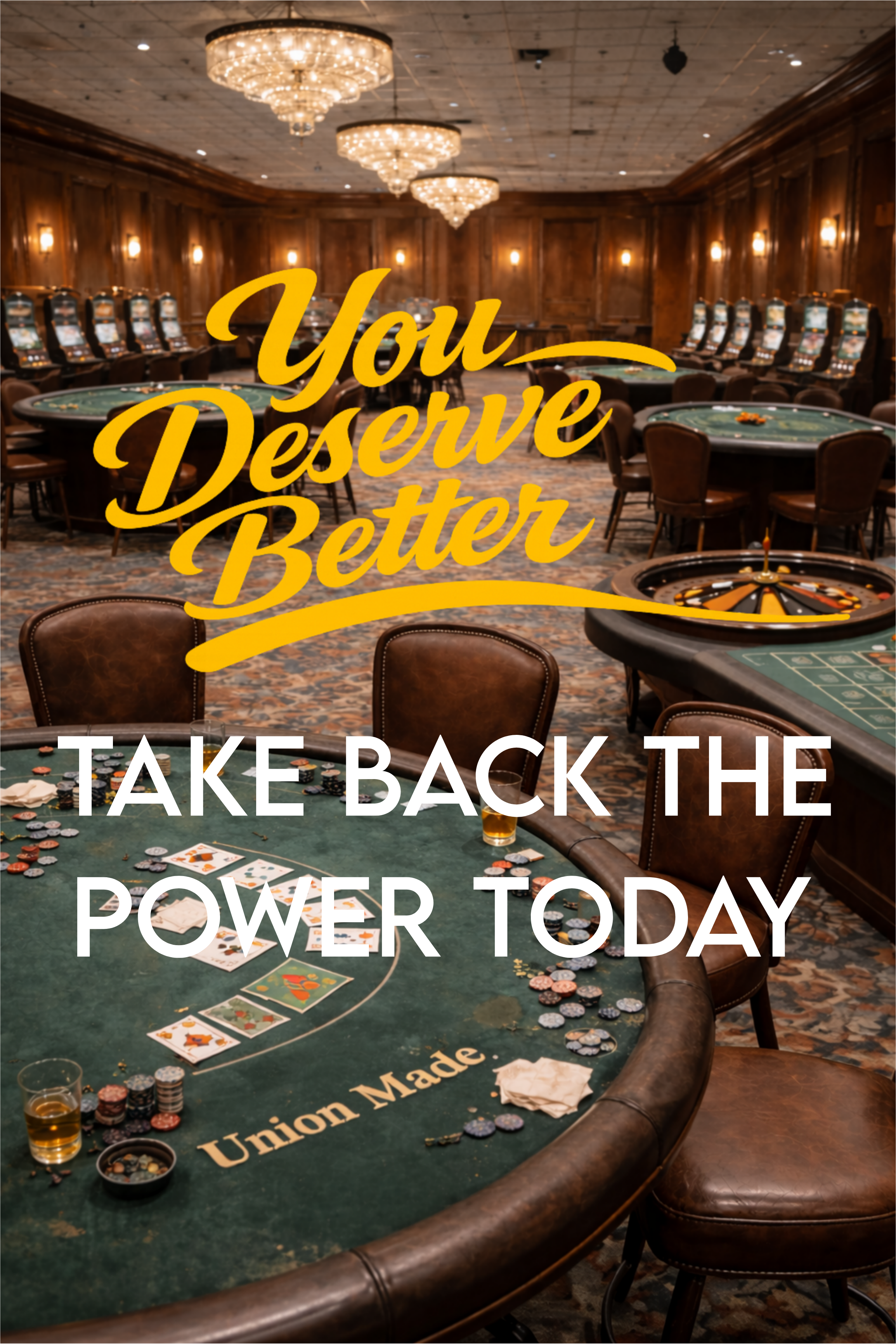 An Empty Casino with the text "YOU DESERVE BETTER, TAKE BACK THE POWER TODAY"