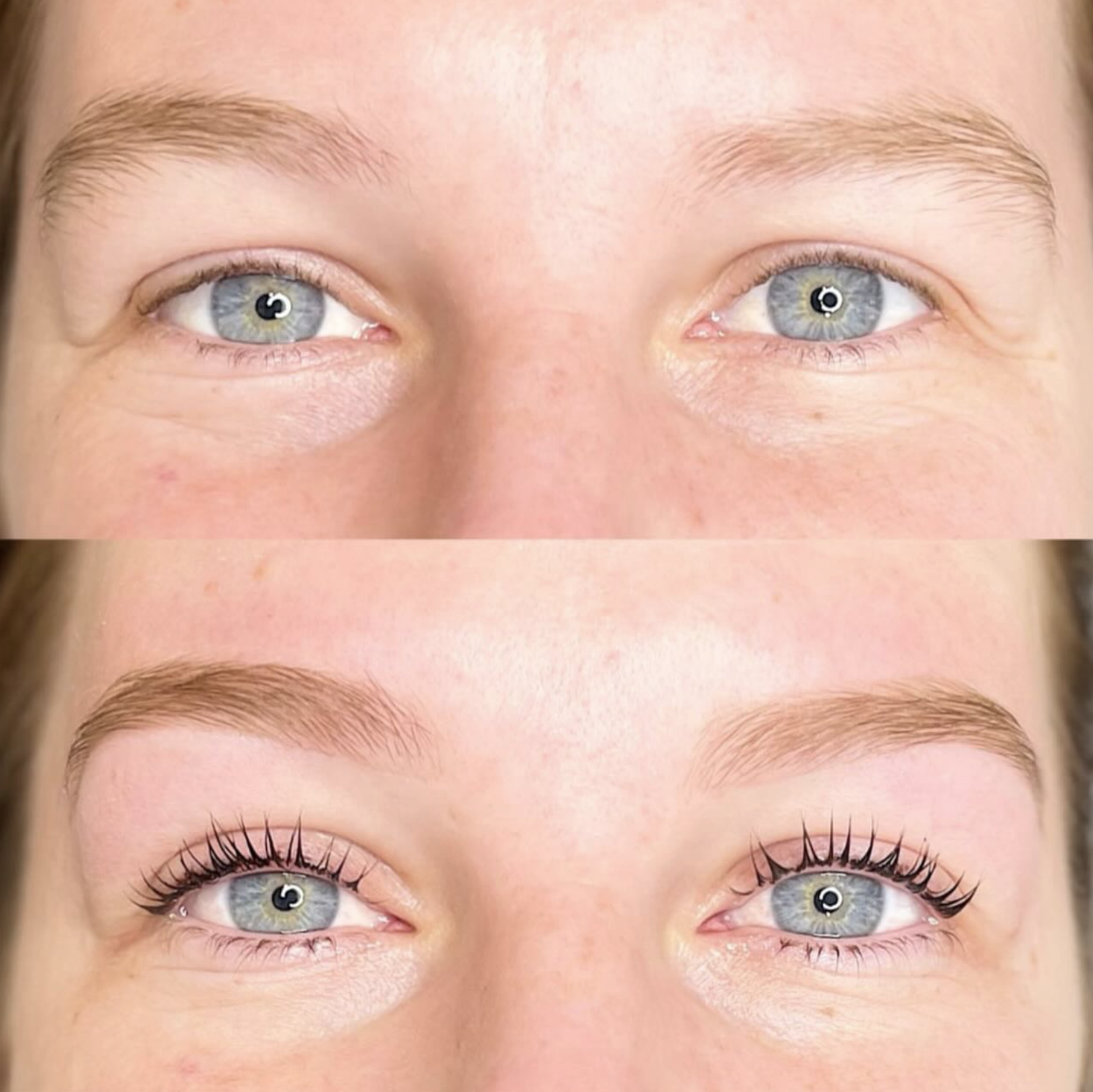 Close-up of a person's face showing three stages of eye makeup application, focusing on the eyes and eyebrows.