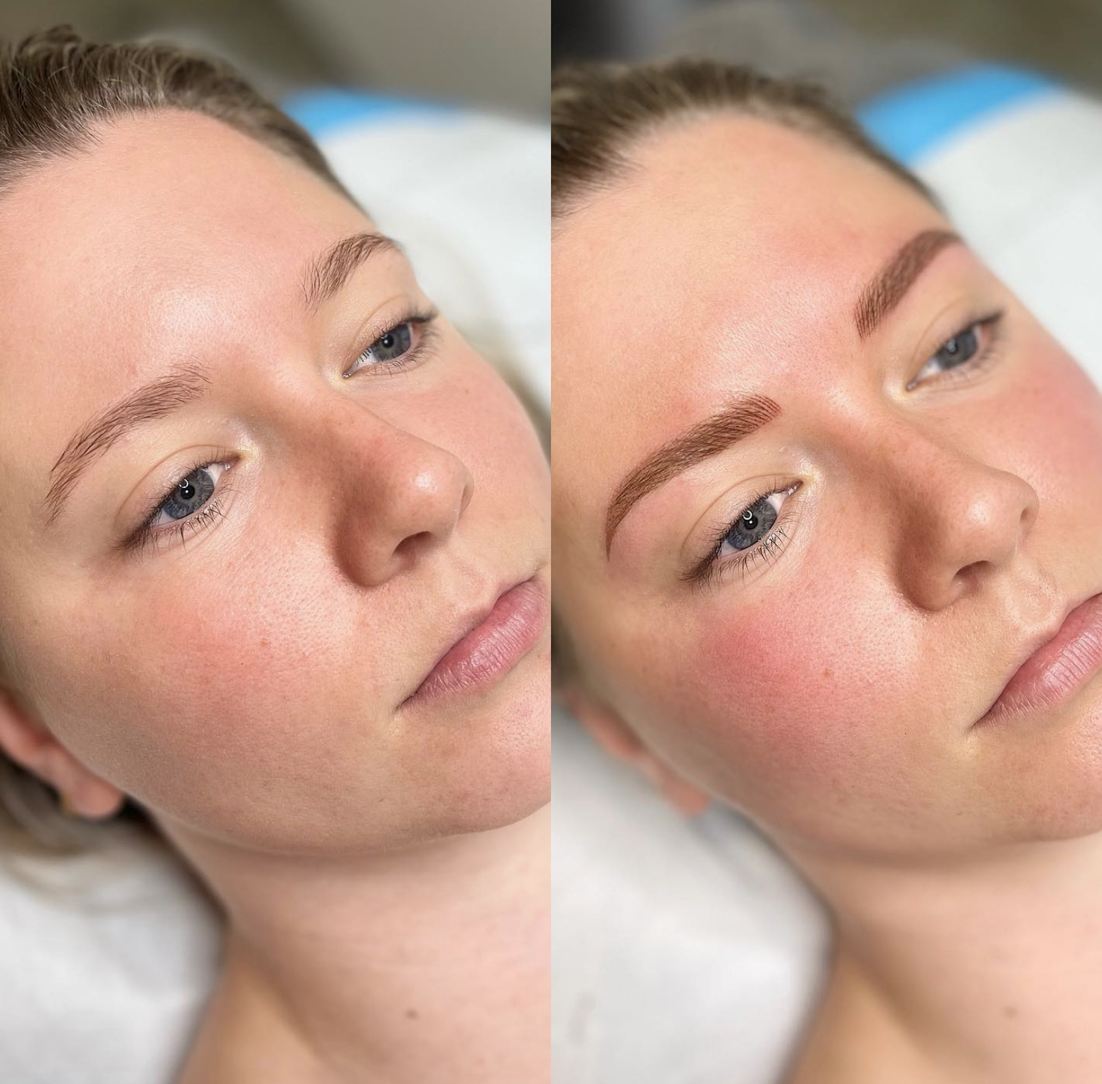 Close-up of a woman's face before and after eyebrow microblading, showing fuller, more defined eyebrows.