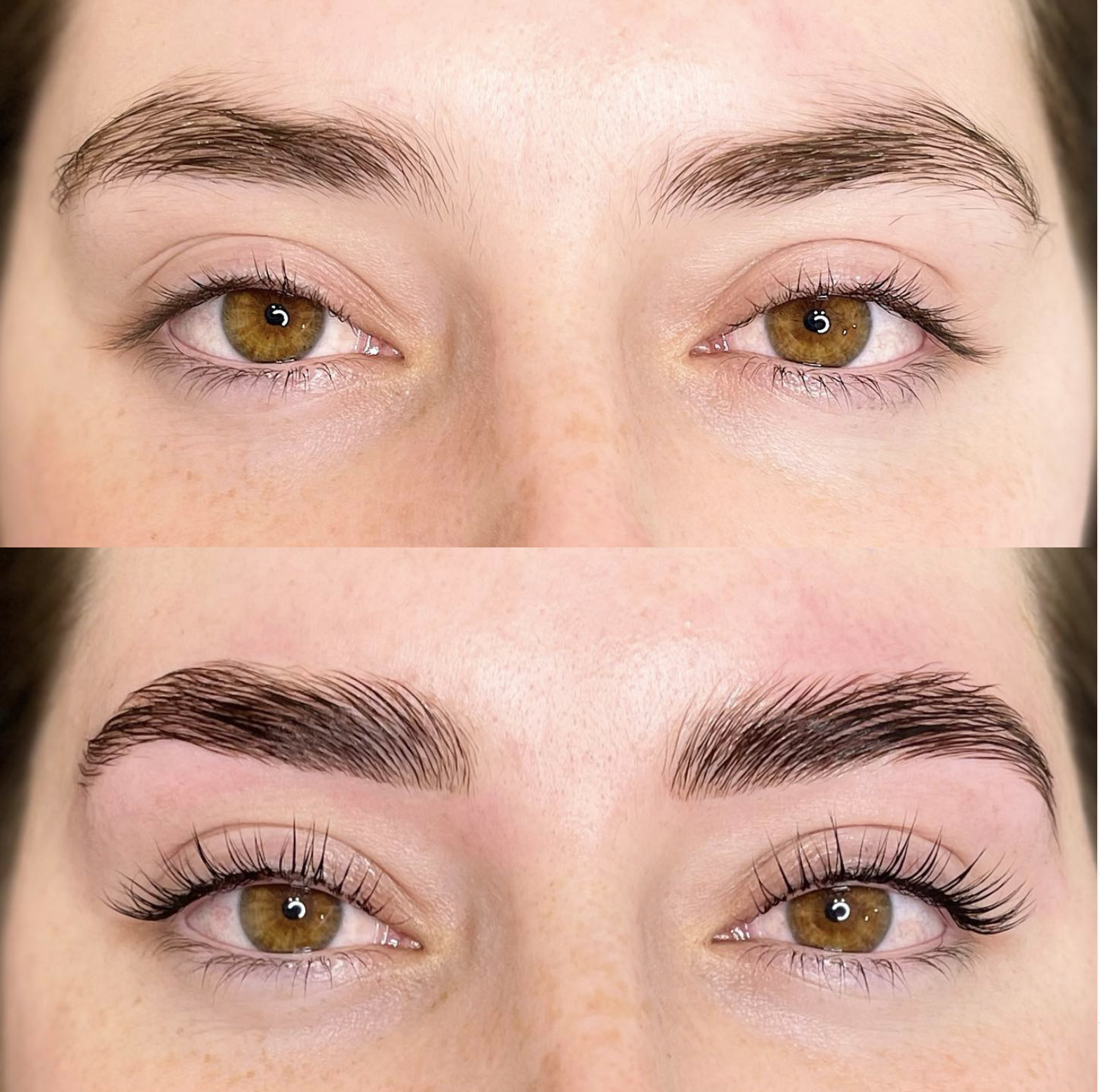 Comparison of two close-up images of a person's eyes and eyebrows, showing the before and after of eyebrow grooming or makeup application, with well-shaped eyebrows and clear skin.