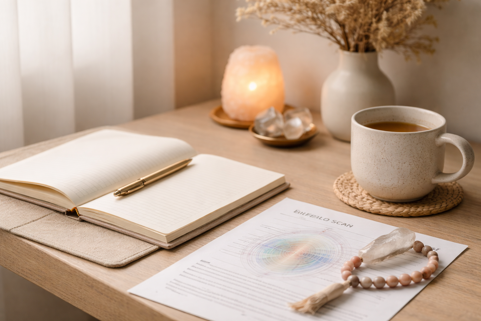 A wooden desk with an open, lined notebook and gold pen, a printed diagram titled 'Elephant Scan,' a cup of coffee on a woven coaster, a Himalayan salt lamp, a white vase with dried flowers, and a small bowl of crystals.