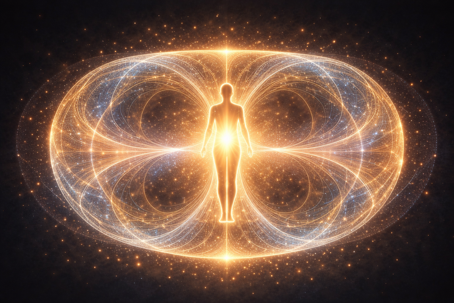 A glowing human silhouette surrounded by intricate, luminous energy patterns with a bright core in the abdomen, set against a dark background filled with tiny light particles.