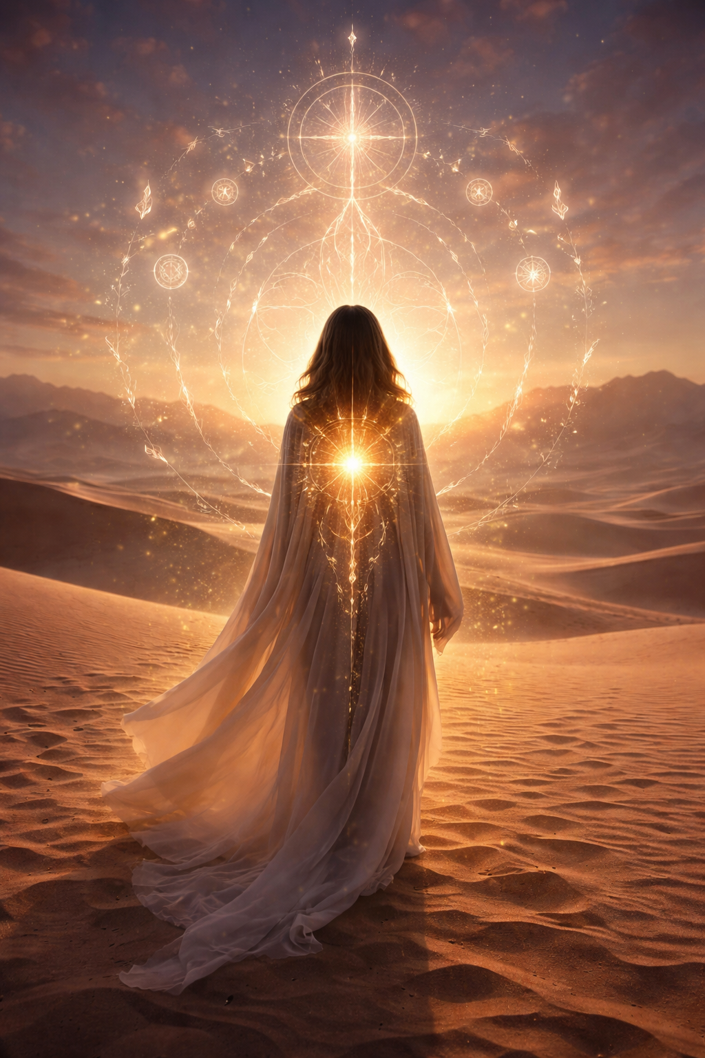 A person in a flowing dress standing in a desert at sunset, with glowing mystical symbols and light patterns above and behind them.