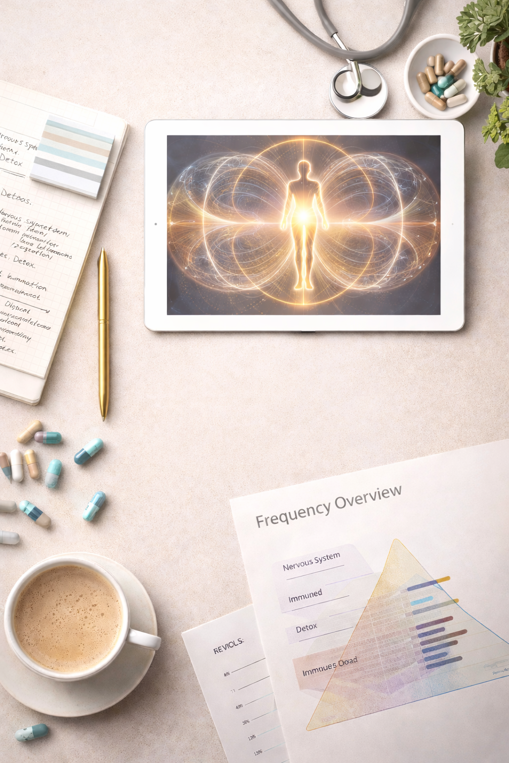 A workspace with a tablet showing a glowing human figure with energy patterns around it, a notebook with handwritten notes, a gold pen, capsules scattered on the surface, a cup of coffee, a stethoscope, medicine capsules, a plant, and a "Frequency Overview" chart with labels for the nervous system, immune, detox, and immune load.