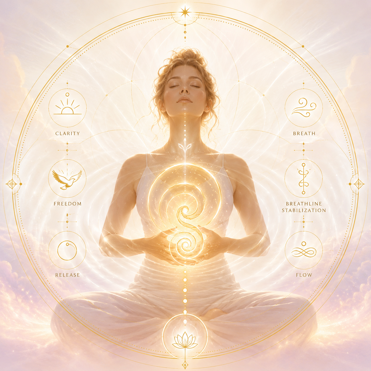 A woman meditating in a bright, ethereal setting with golden geometric symbols representing clarity, freedom, release, breath, breathline stabilization, and flow around her, with a glowing spiral energy pattern at her chest.