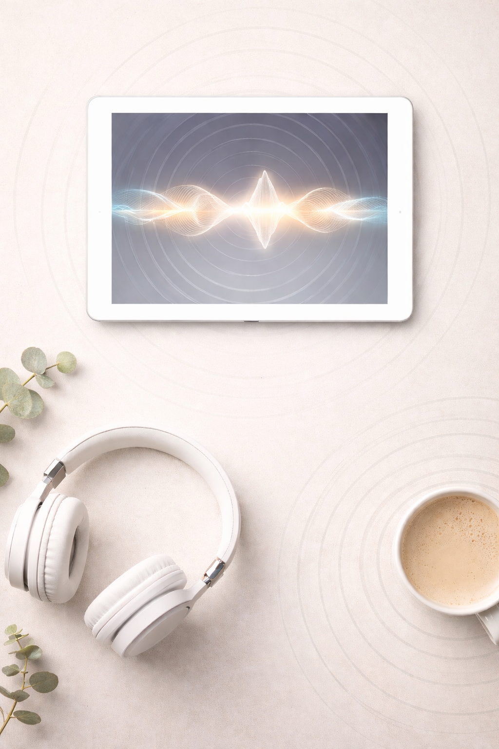 Tablet displaying colorful sound wave graphic, white headphones, cup of coffee, and green plant on a light-colored surface.