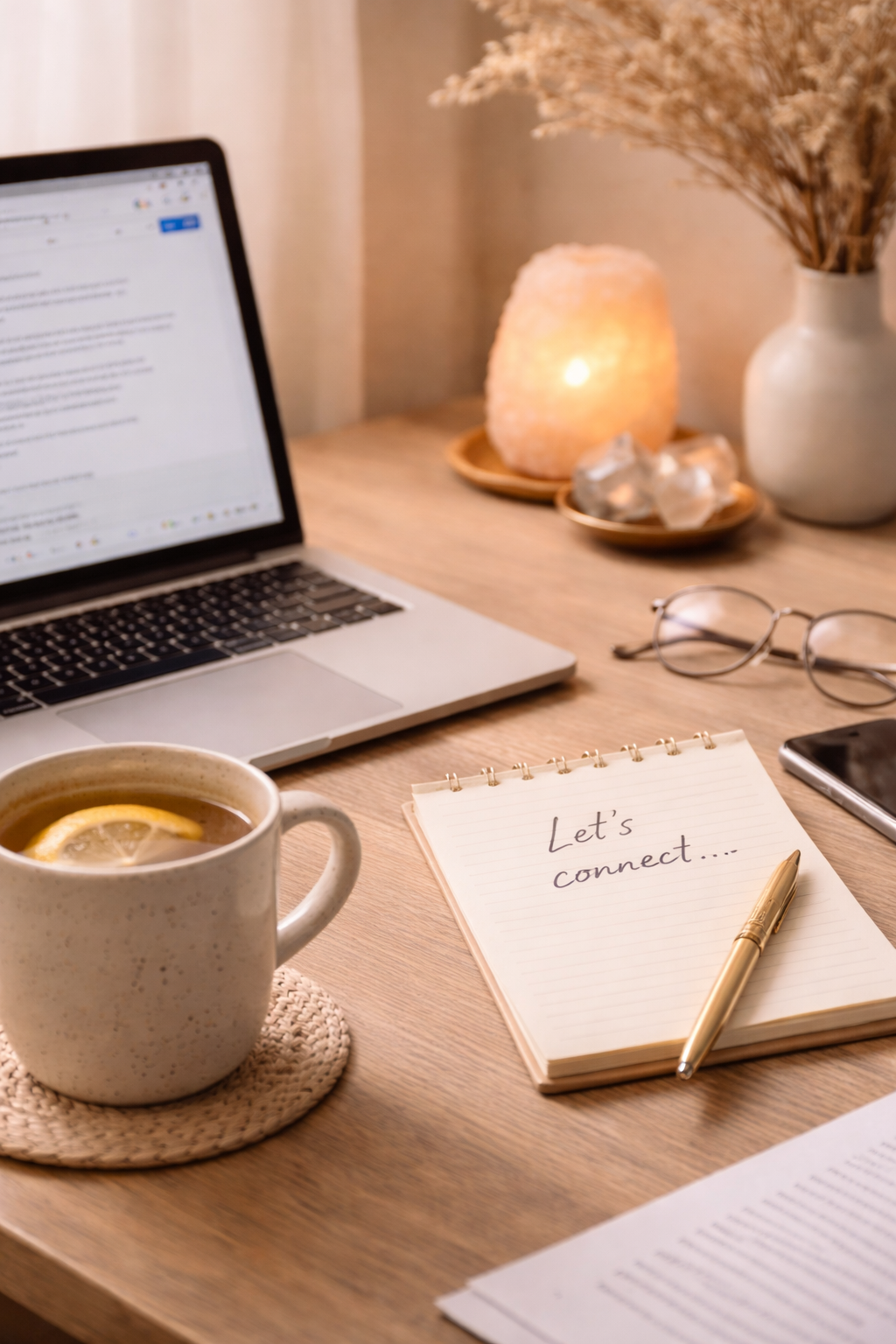 A workspace with a laptop, a notebook with the handwritten words 'Let's connect...', a gold pen, a mug with tea and lemon slice, eyeglasses, a smartphone, a salt lamp, dried flowers in a vase, and a few rocks, arranged on a wooden desk.