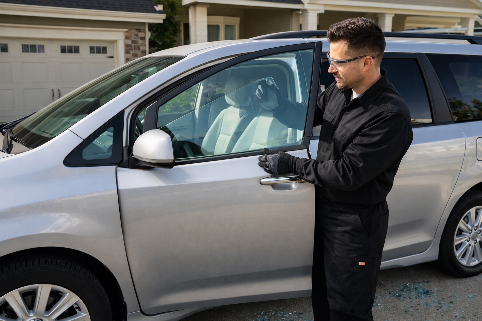 Professional mobile auto glass technician replacing passenger door window with safety gear in a residential driveway