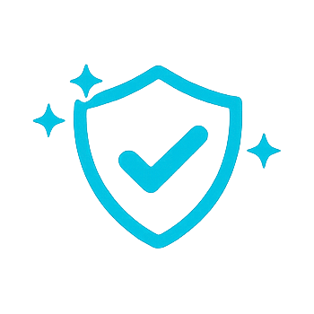 Icon of a shield with a checkmark inside, surrounded by sparkling stars.