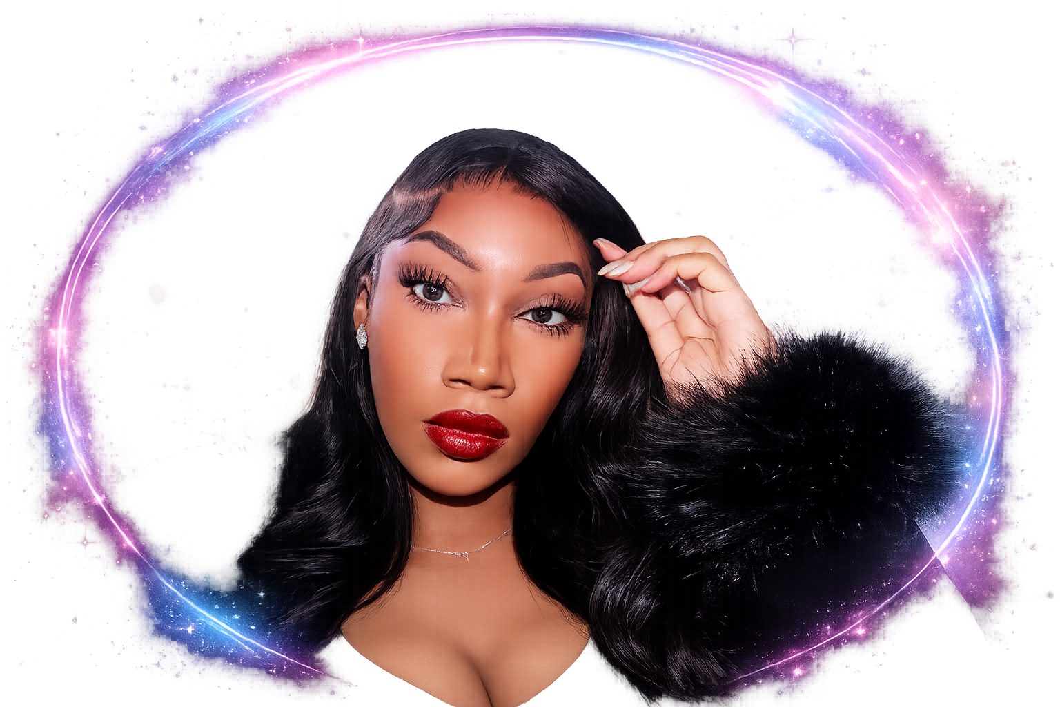 A woman with long black hair, red lipstick, and earrings, posing with a confident expression inside a glowing heart-shaped neon frame against a cosmic background.