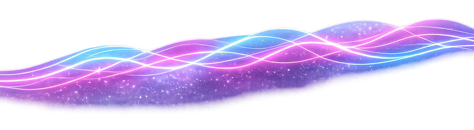 Colorful digital wave with pink, purple, and blue lines and sparkles.