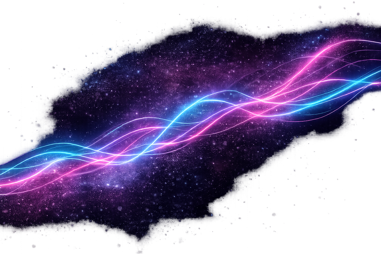 Colorful neon lines in pink and blue wave across a starry galaxy background.