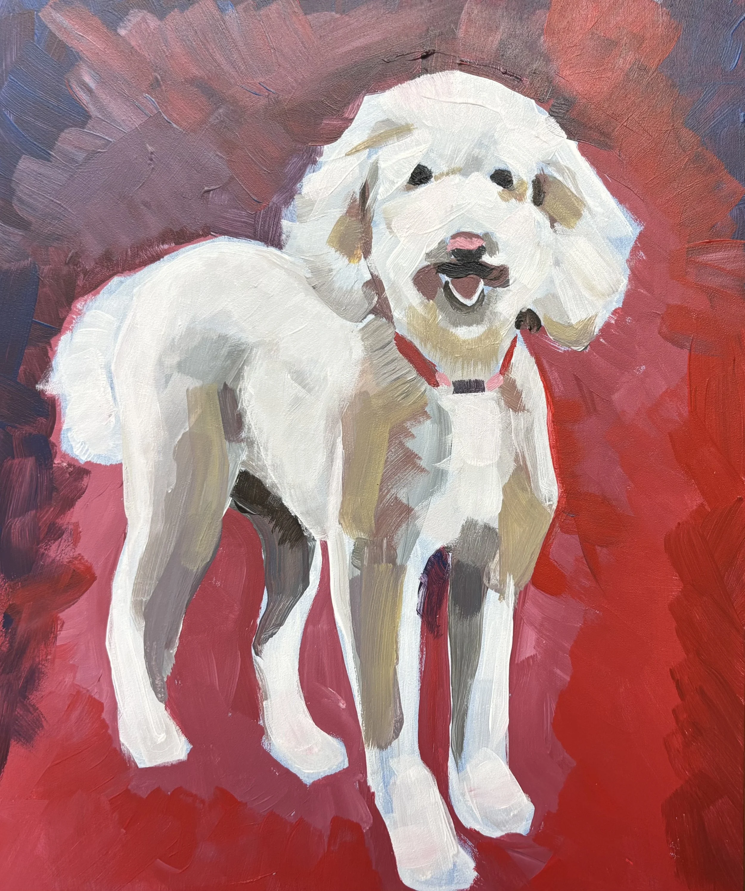 A colorful painting of Dolly, my wheaten terrier-poodle mix, who hikes with me every day
