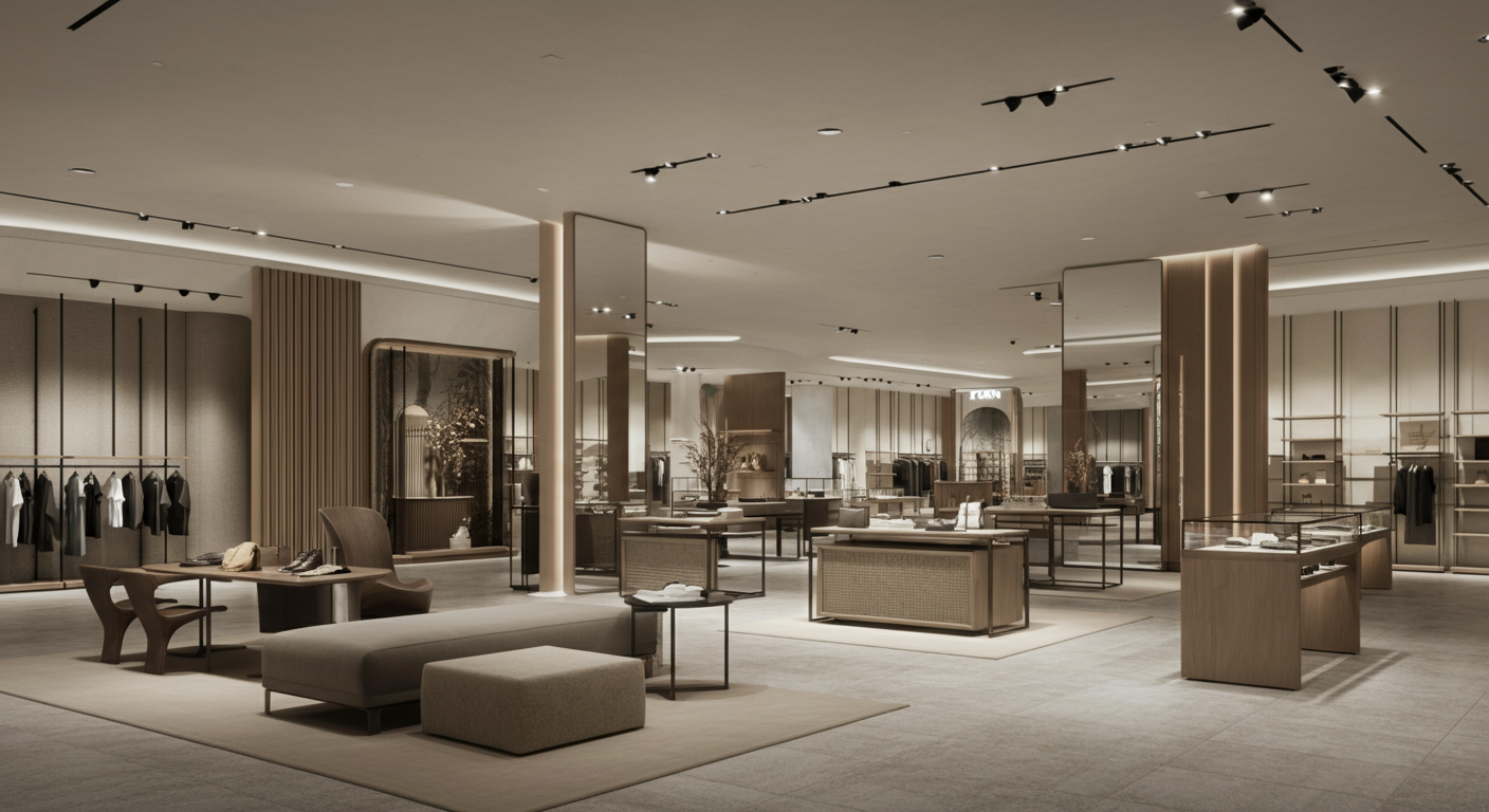 Interior of a modern clothing store with neutral tones, racks of clothing, display cases, and seating areas.