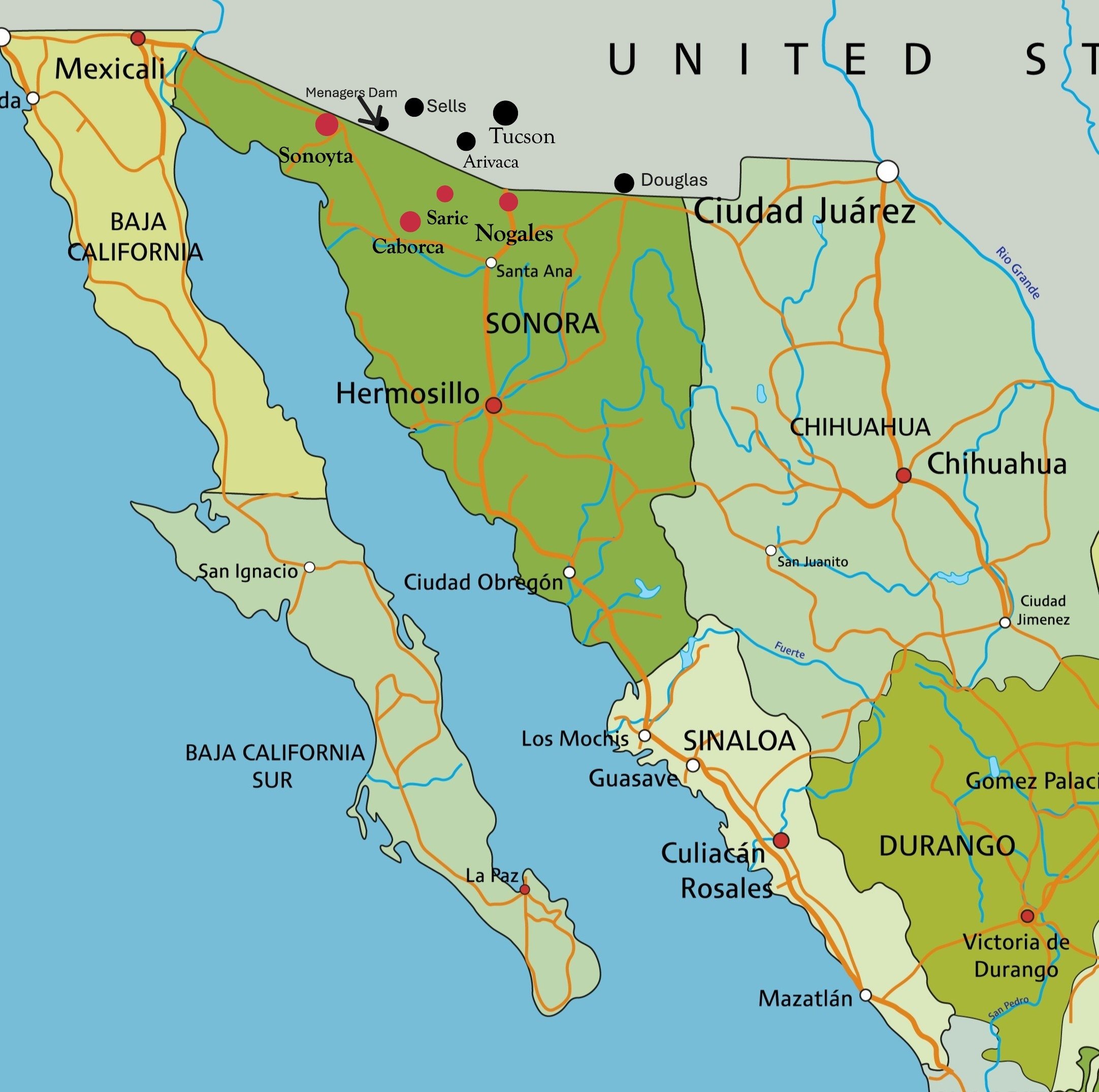 Map of northern Mexico and the border with some notable locations marked.