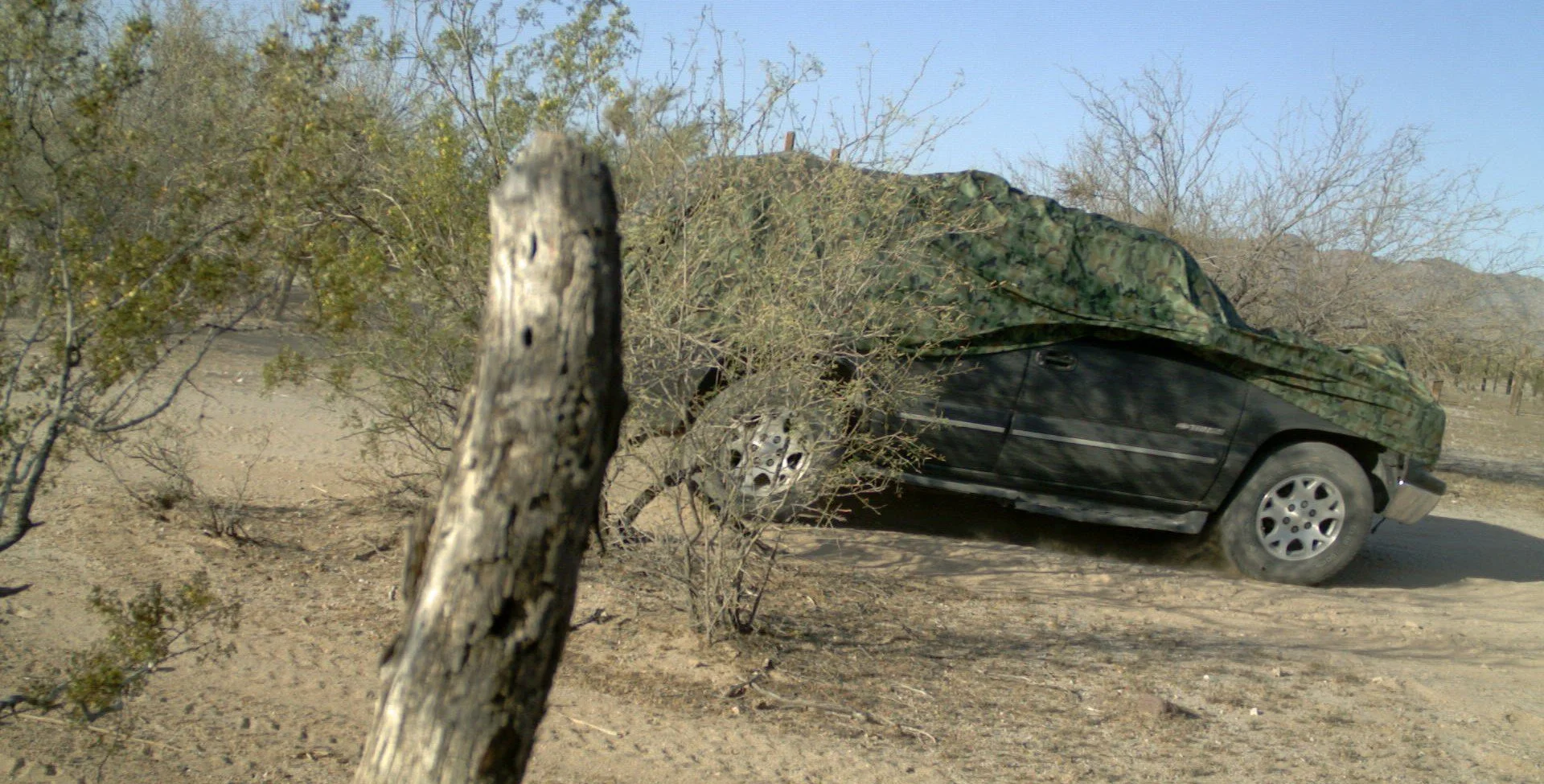 A drug-laden SUV moves through the Sonoran desert under a camouflage cover designed to defeat law enforcement aircraft. The network ran these loads in broad daylight. The cover wasn't improvised. It was standard equipment, deployed the same way on ev