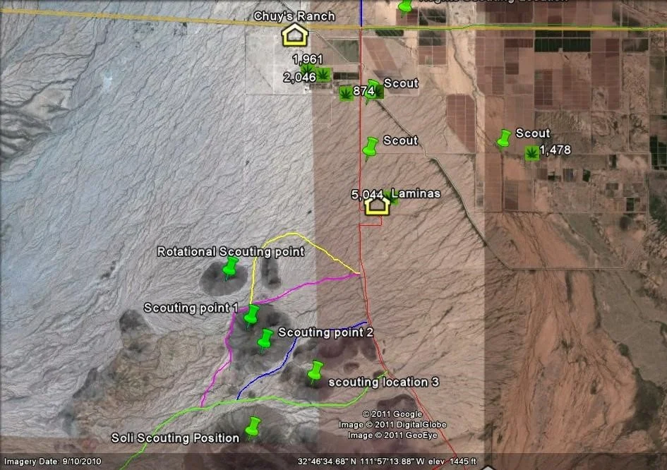 A map of the north end of the pipeline near Stanfield, Arizona, built from hours of aerial and electronic surveillance. Scout positions, stash houses, and movement routes revealed a coordinated system shaped by law enforcement pressure and opportunit