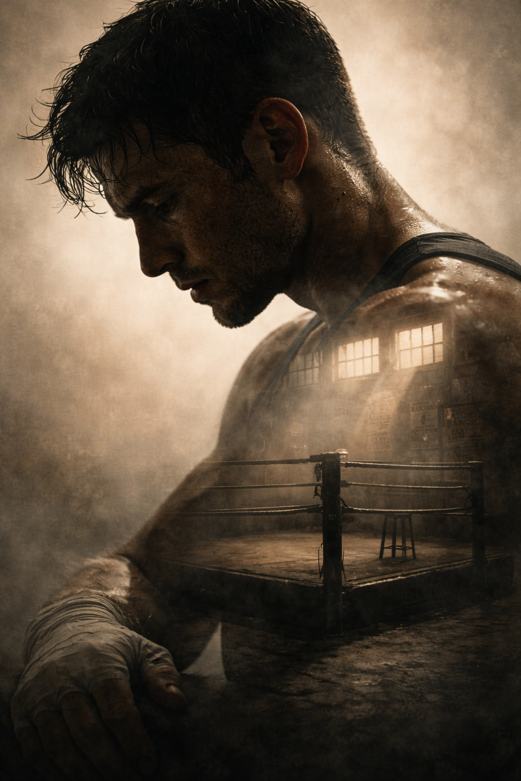 A man with a muscular build, dark hair and a beard, looking down with a serious expression. The overlay shows an empty boxing ring in a gym, with large windows and vintage posters in the background, giving a gritty, intense mood.