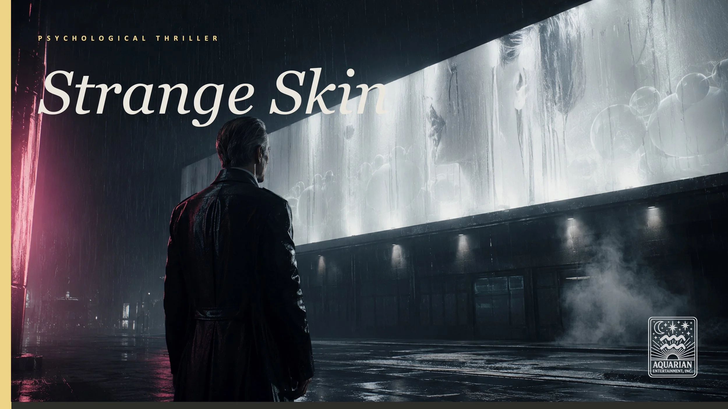 A man in a leather jacket standing in the rain at night, looking at a large illuminated mural of faces on a wall.