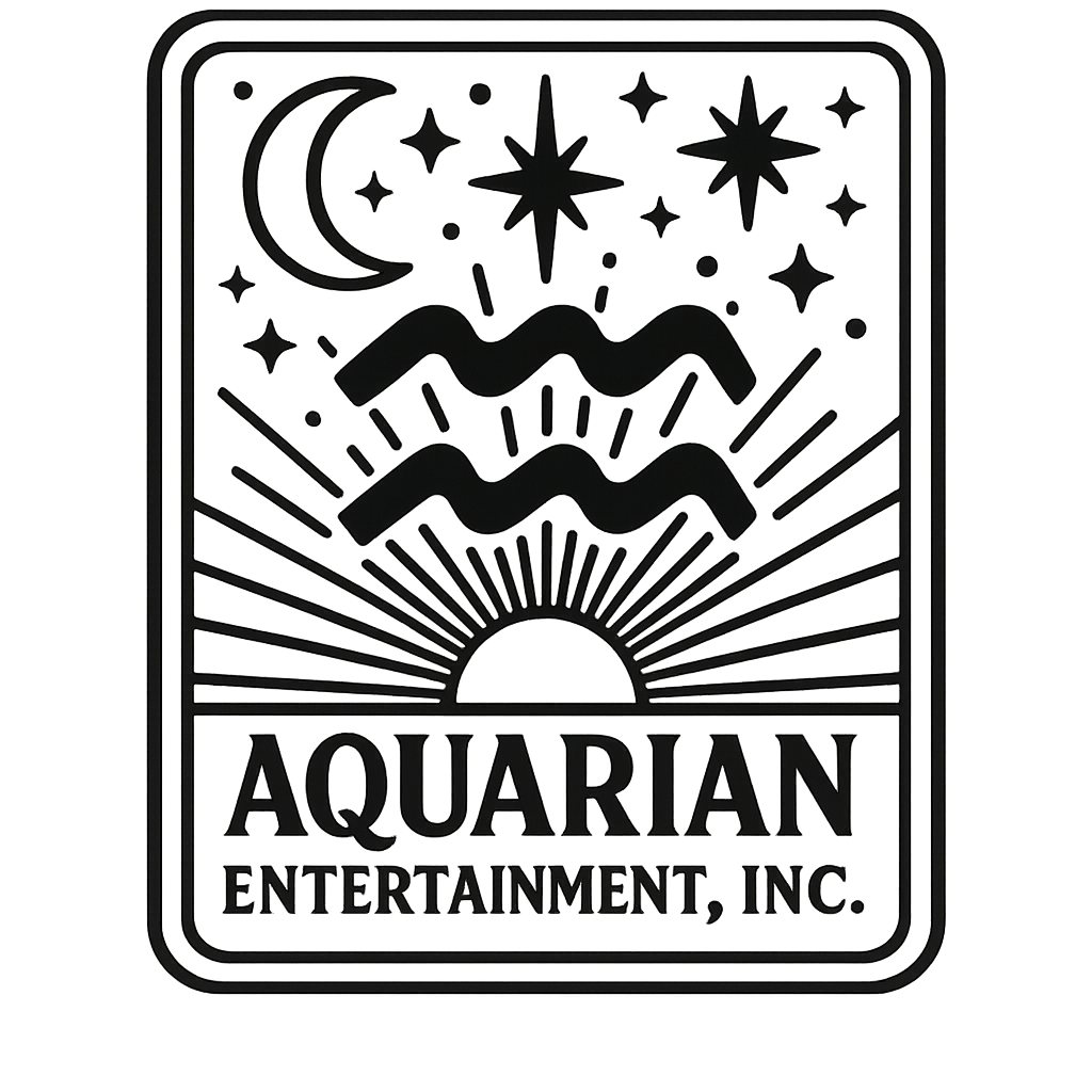 A black-and-white line drawing of a logo with a sunset or sunrise over water, moons, stars, and rays emanating outward. The logo includes the text "AQUARIAN ENTERTAINMENT, INC." underneath the graphic.