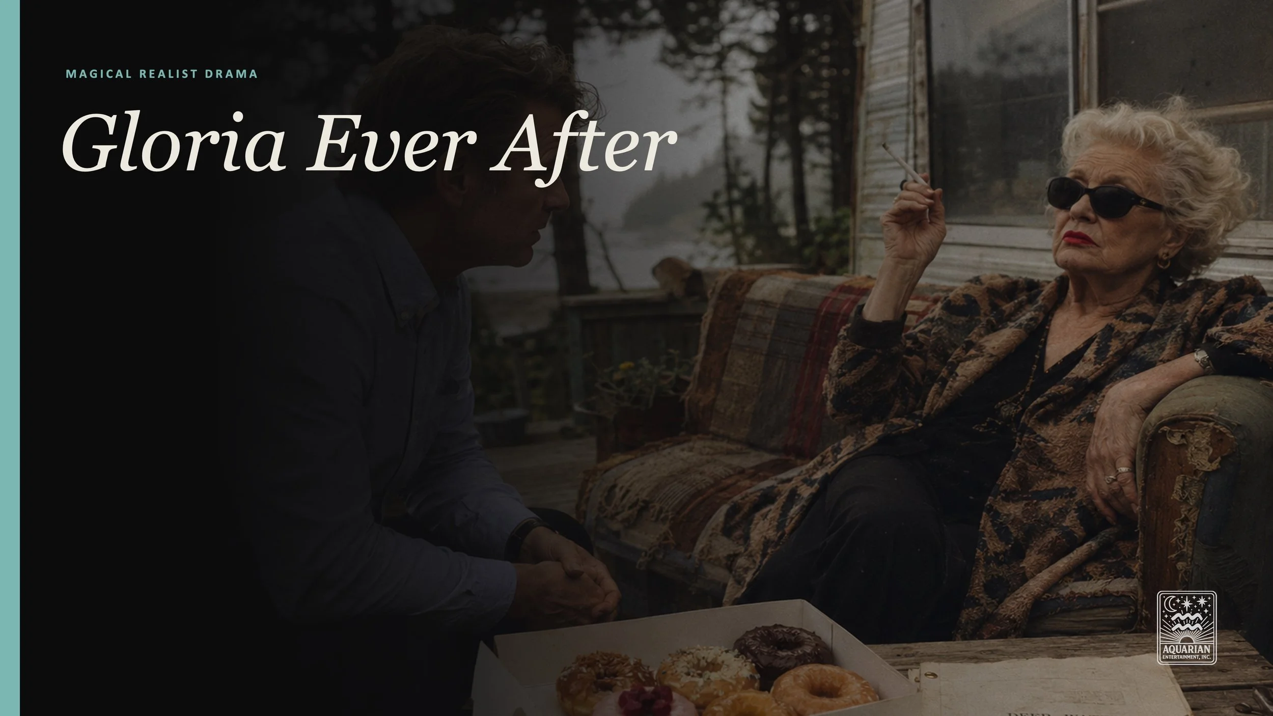 An elderly woman wearing black sunglasses and a patterned jacket sits on a vintage couch, holding a cigarette. A man in a shirt sits nearby. There is a box of assorted donuts in the foreground. The scene takes place outdoors with trees and a rustic wooden structure visible in the background.